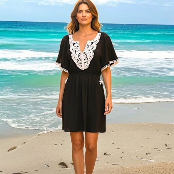 Y2K Bohemian Dress M Jersey Knit Flowy Woodland Fairy Crochet Dolman Sleeves - Picture 1 of 16